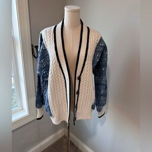 Two-Tone Cable Knit Cardigan in Cream and Denim Blue